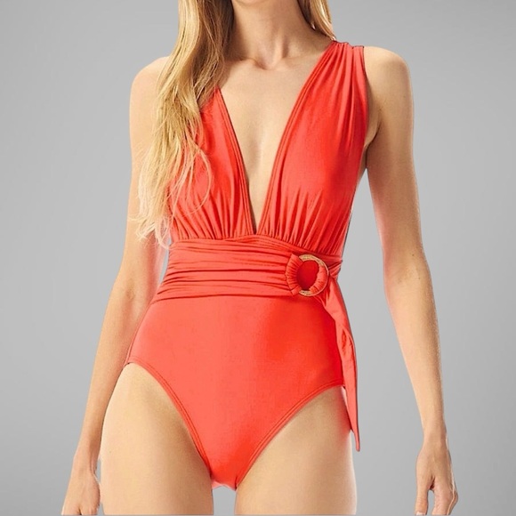 Michael Kors Belted Surplice Plunge One Piece